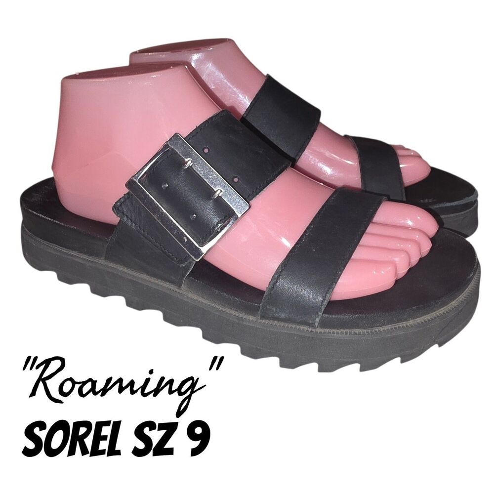 Sorel Roaming Sz 9 Black Buckle Slide On Leather Scalloped Sole Logo Sandals